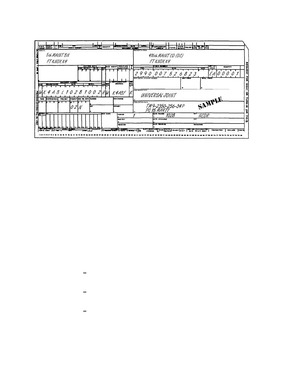 Figure 3-9. Sample of completed DA Form 2765-1 as a receipt document. - Basic Supply Procedures