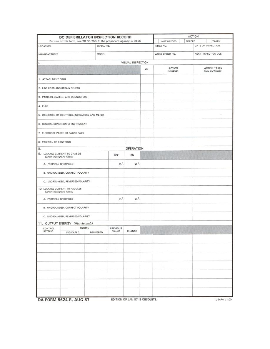 Figure 2-3. Blank DA Form 5624-R (front). - Medical Maintenance and Supply Procedures