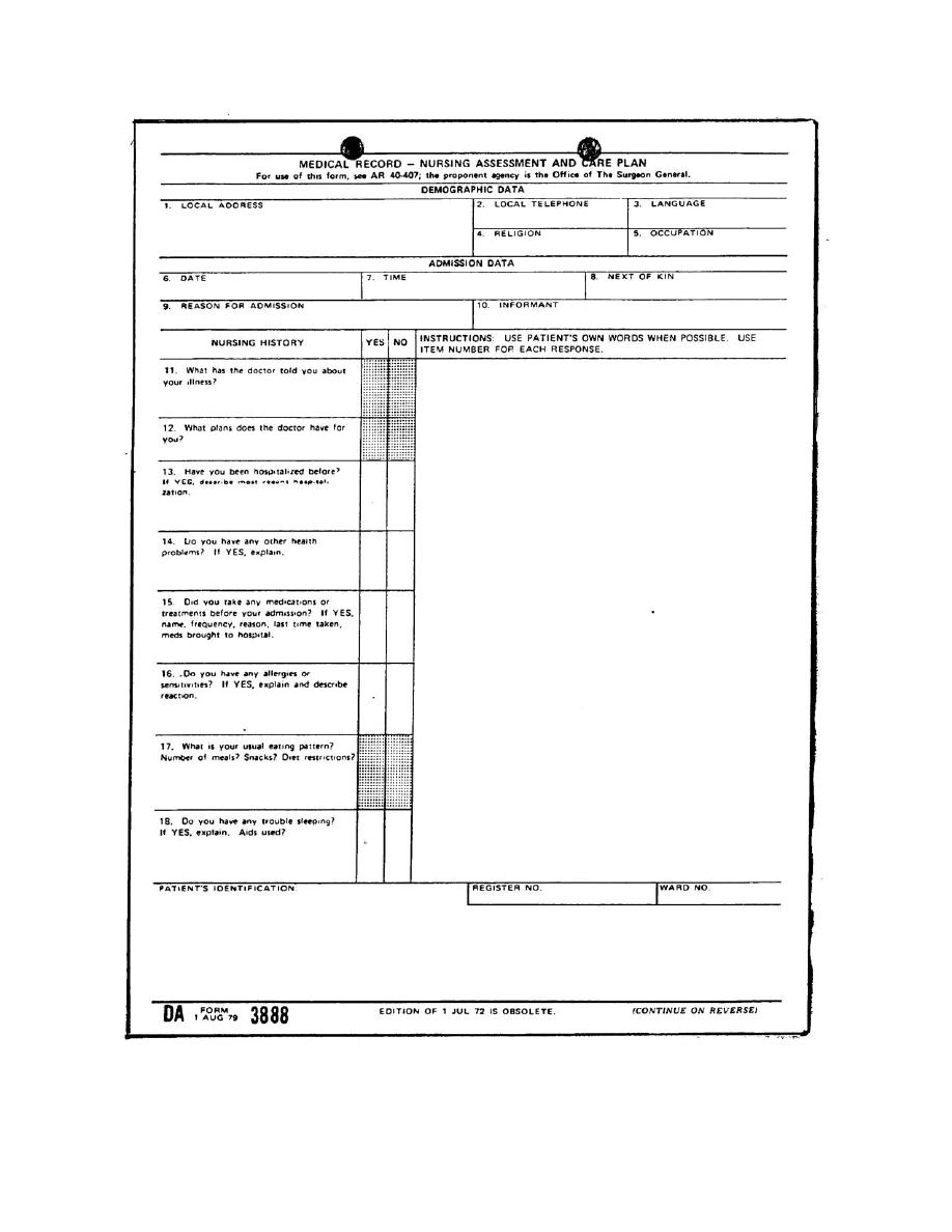 Figure 1-8. DA Form 3888, Nursing Assessment and Care Plan (front). - Medical Records and Sick Call Procedures