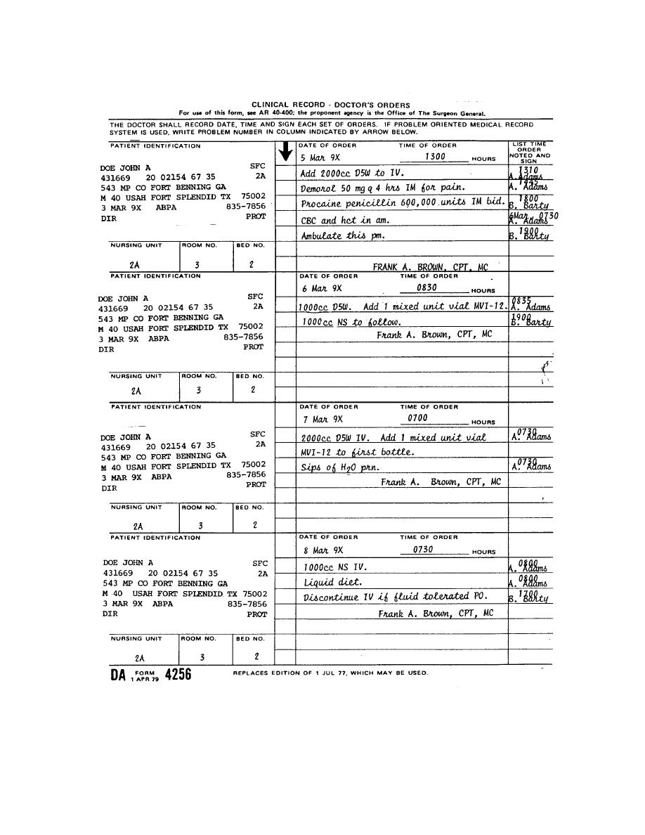 Figure 1-10. DA Form 4256 (Doctor's Orders). - Medical Records Admin I Book 1 of 2