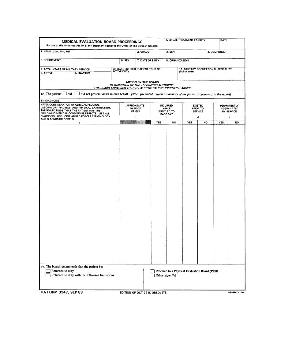 Figure 5-2. DA Form 3947, Medical Board Proceedings. - Patient Affairs Branch
